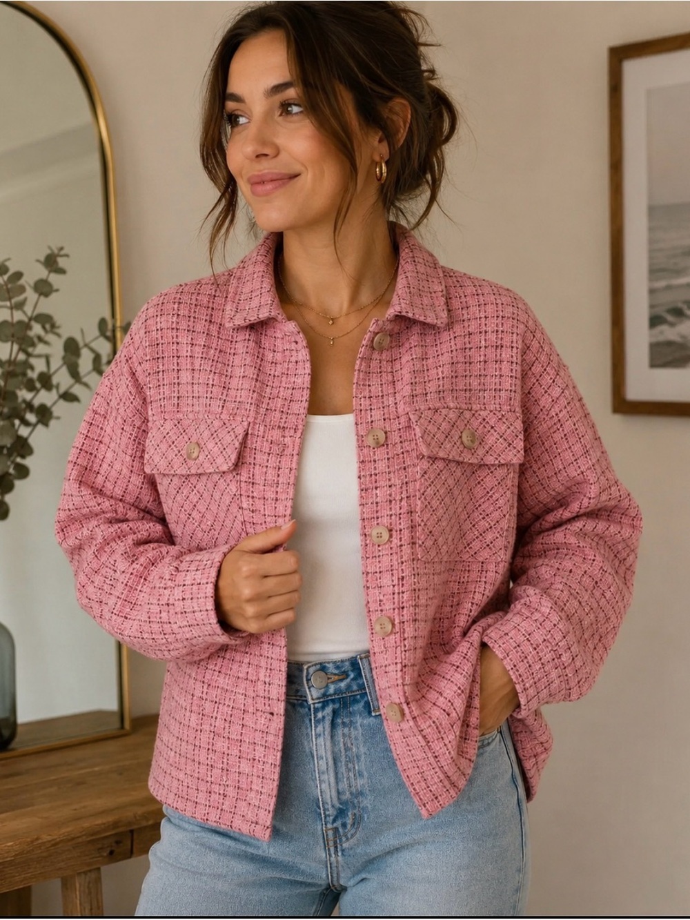 Entro Pink Tweed Button Up Shirt Jacket Shacket Barbiecore Feminine Size Medium